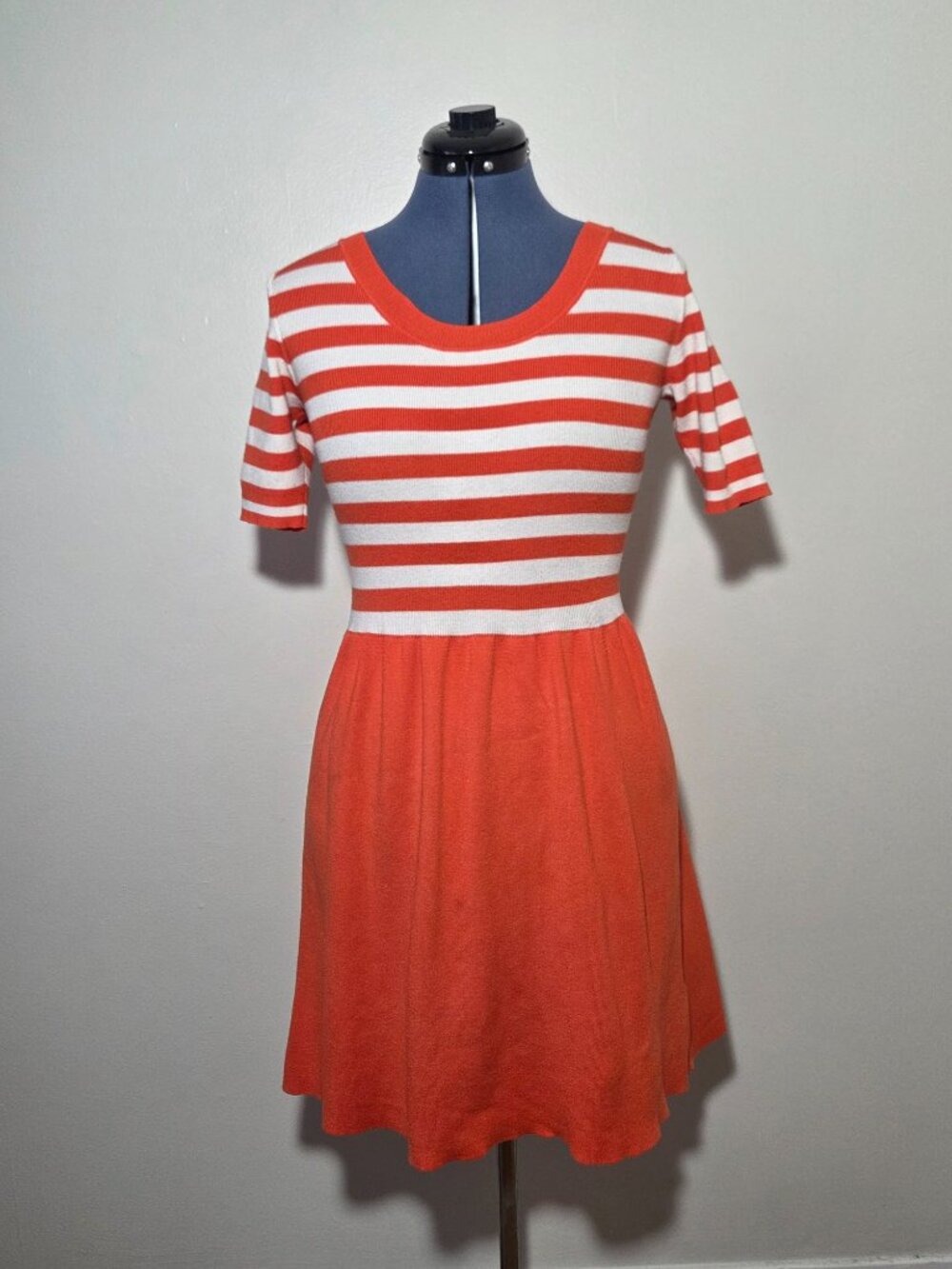 Boden Orange and White Stripe Midi Scoop Neck Short Sleeve Sweater Dress